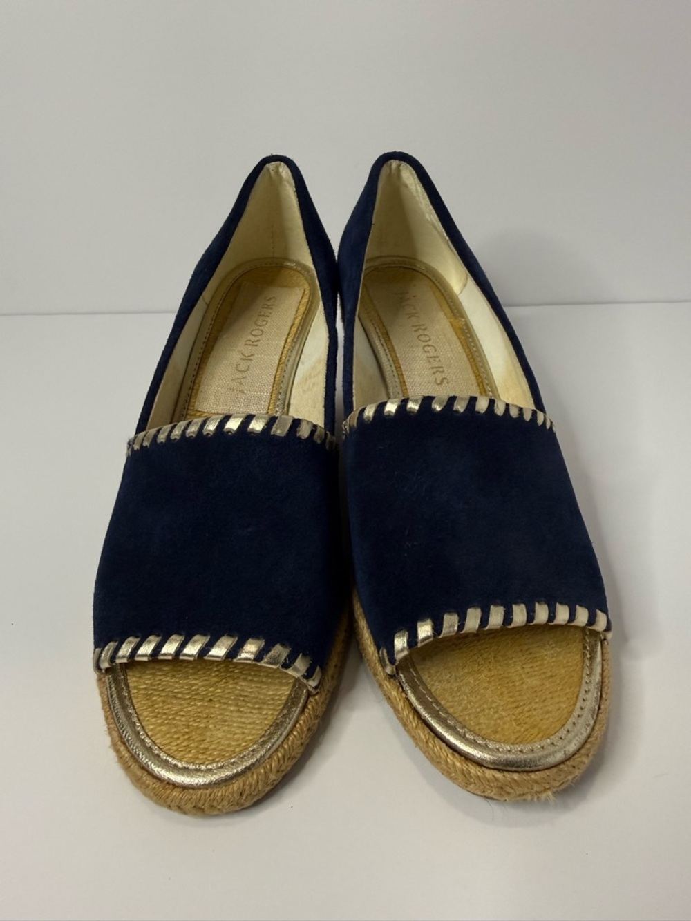 Jack Rogers Navy Suede Espadrille Slides with Gold Trim Size 8 W
